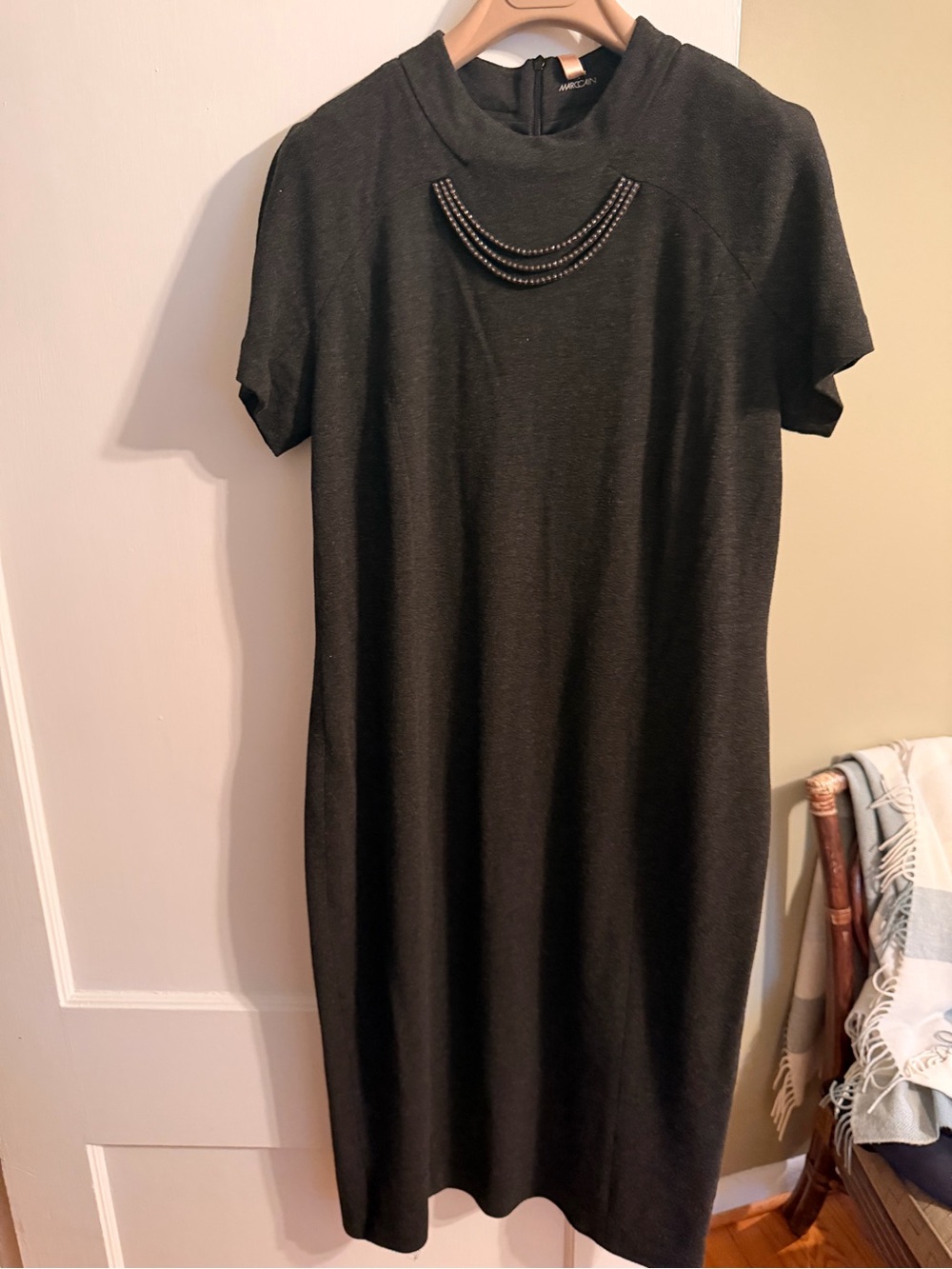 Marc Cain Black Short-Sleeve Sheath Dress with Beaded Necklace Detail